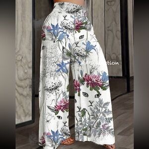 Boho Floral Print Tropical Cat Print High Waist Wide Leg Palazzo Pants White